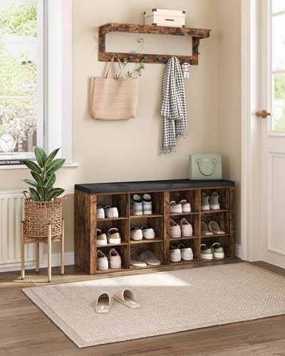 Rustic Brown Shoe Bench with 12 Compartments & Padded Seat Storage
