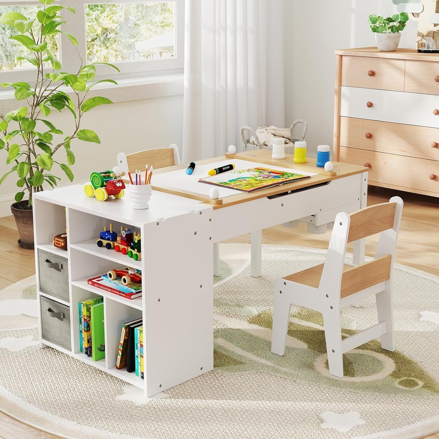 Kids Wooden Art Table and Chairs Set w/ Flip Top Easel Paper Roll Storage White