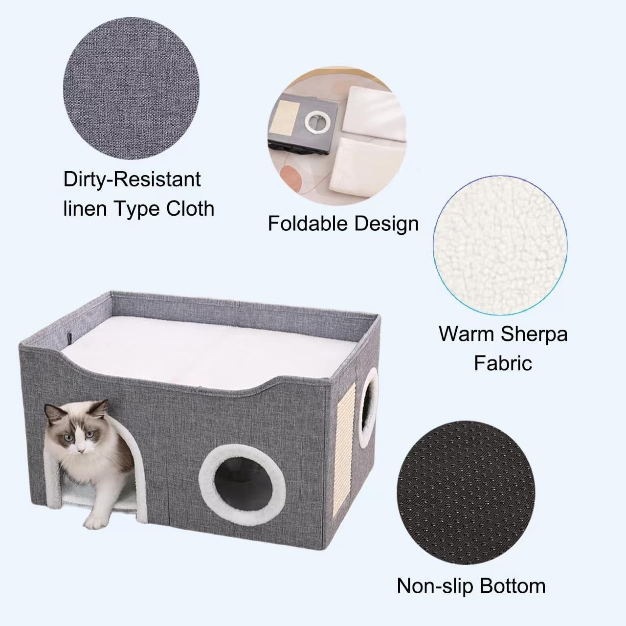 Foldable Cat House Cave Bed with Scratching Board 2 Tier Cat Condo