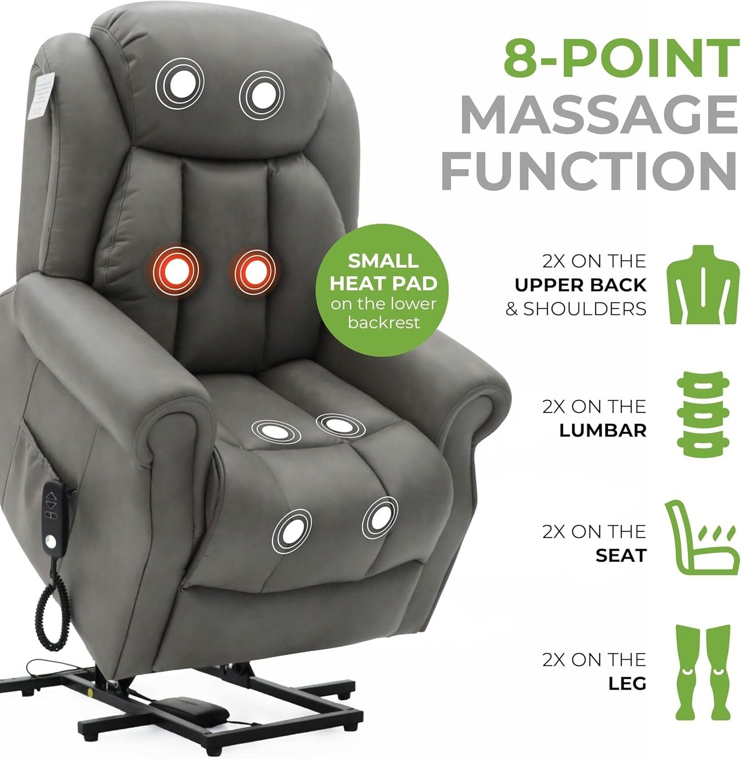 Dual Motor Lift Recliner Chair Heat Massage Leather Riser Mobility Support Grey