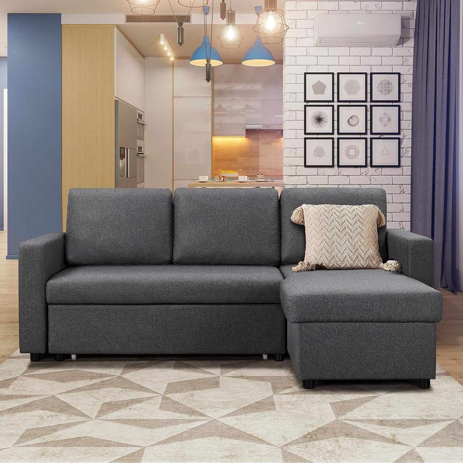 Grey L-Shaped Sofa Bed 3 Seater Pull Out Storage Corner Couch Modern
