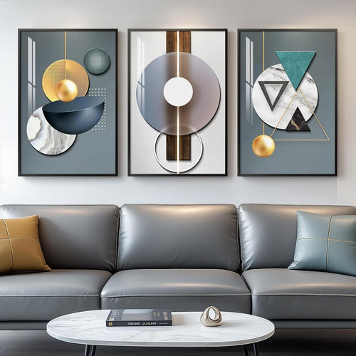 Geometric Abstract Wall Art Set of 3 Framed Navy Blue 16x24