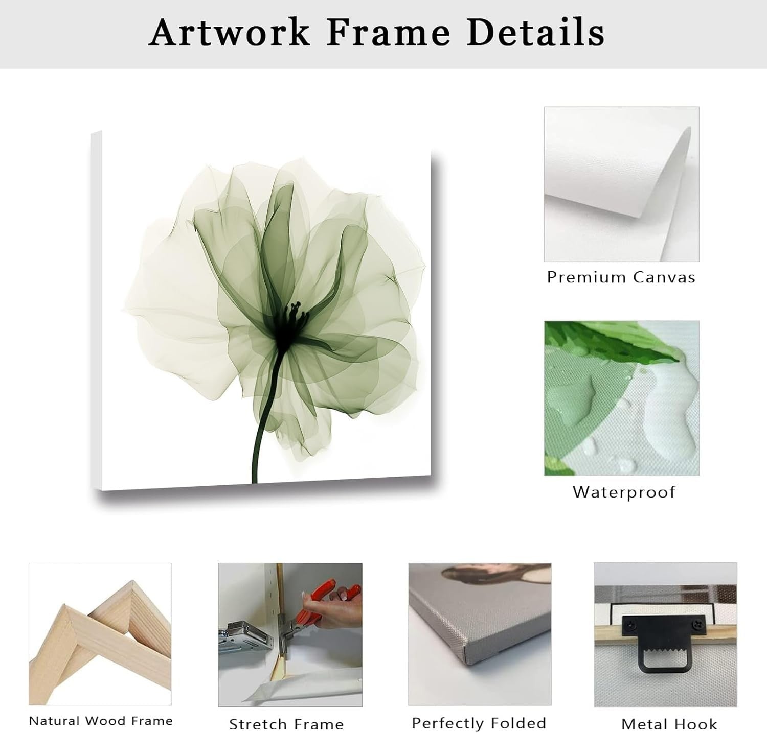 Green Floral Canvas Wall Art Abstract Flower Framed Modern Bedroom Decor