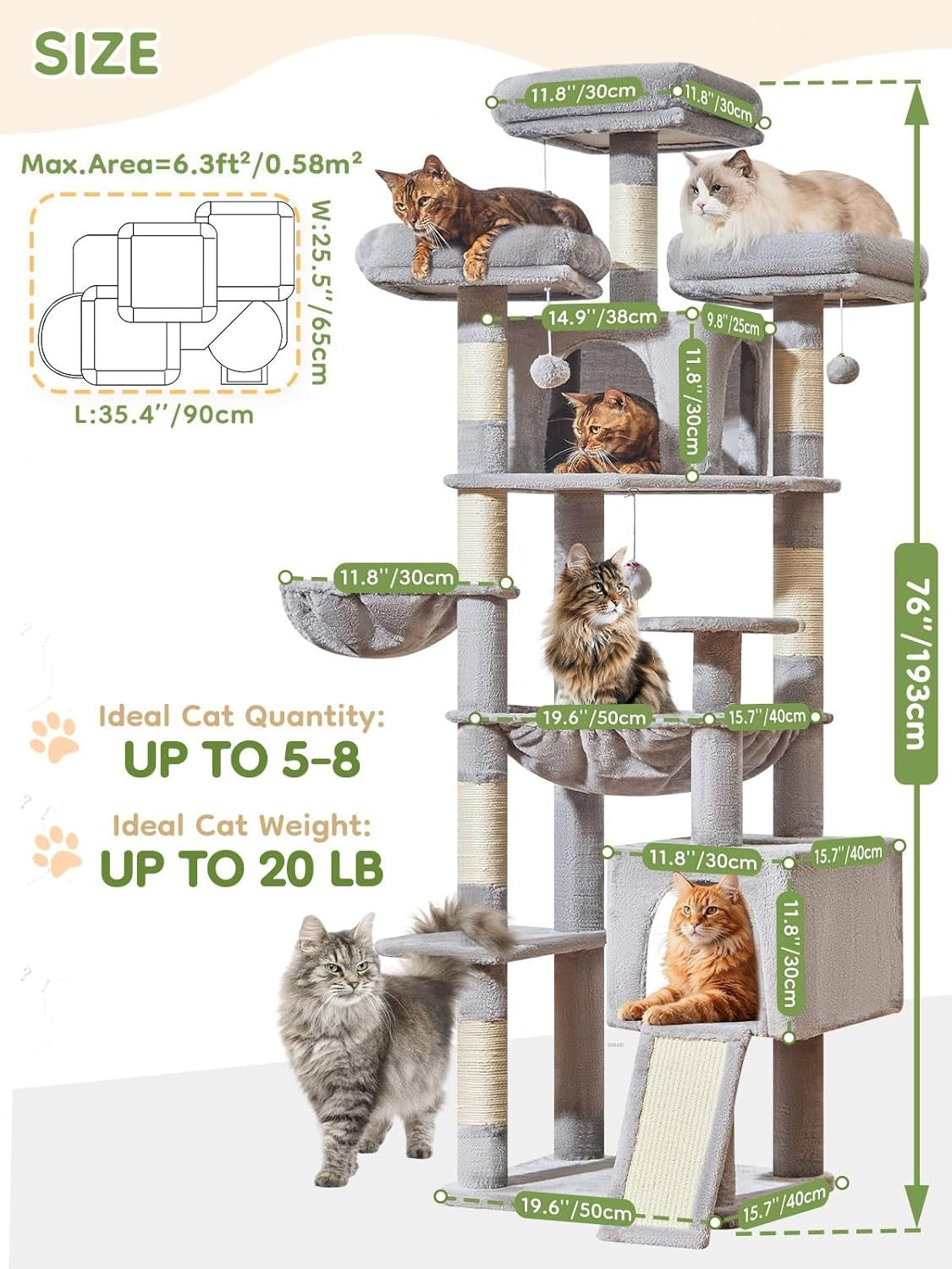 193cm Large Cat Tree Multi Level Tower with Scratching Posts Condos Hammock