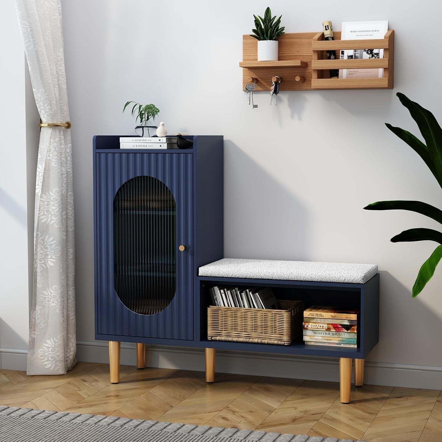 Blue Shoe Storage Bench with Cushion & Glass Door Cabinet 100x29.5x91.5cm