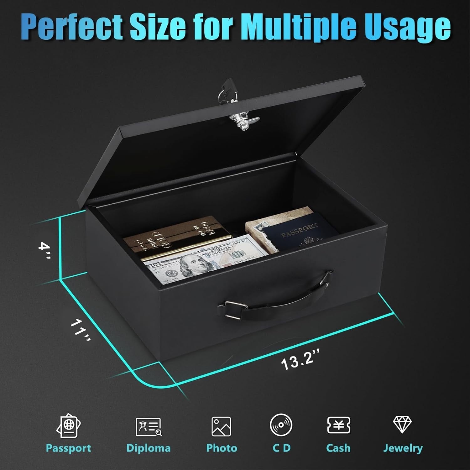 Fire Resistant Document Safe Box Key Lock Cash Passport Storage Case