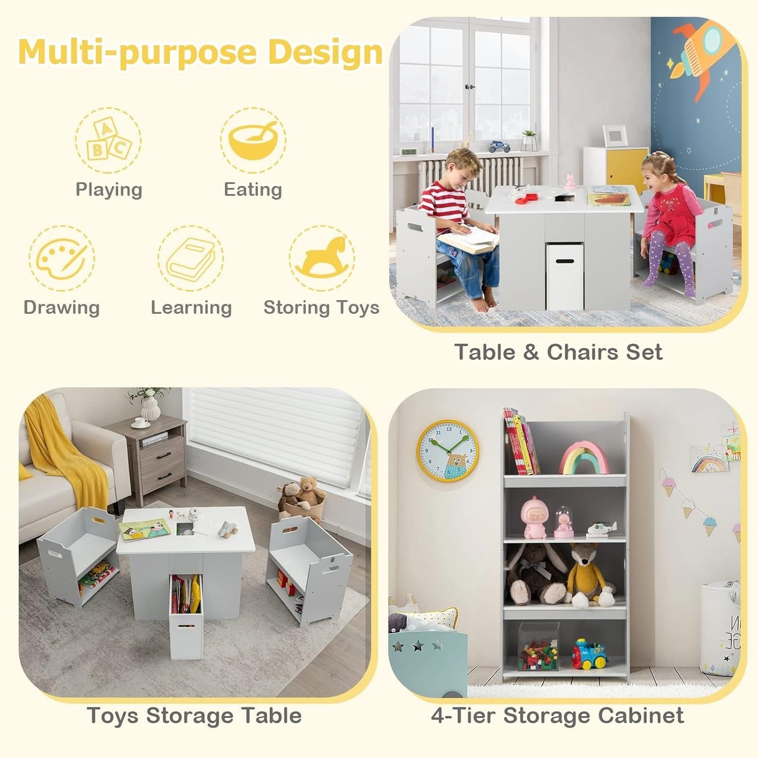 Kids Wooden Table & Chair Set with Storage Bin & Space-Saving Design, Safe & Dur