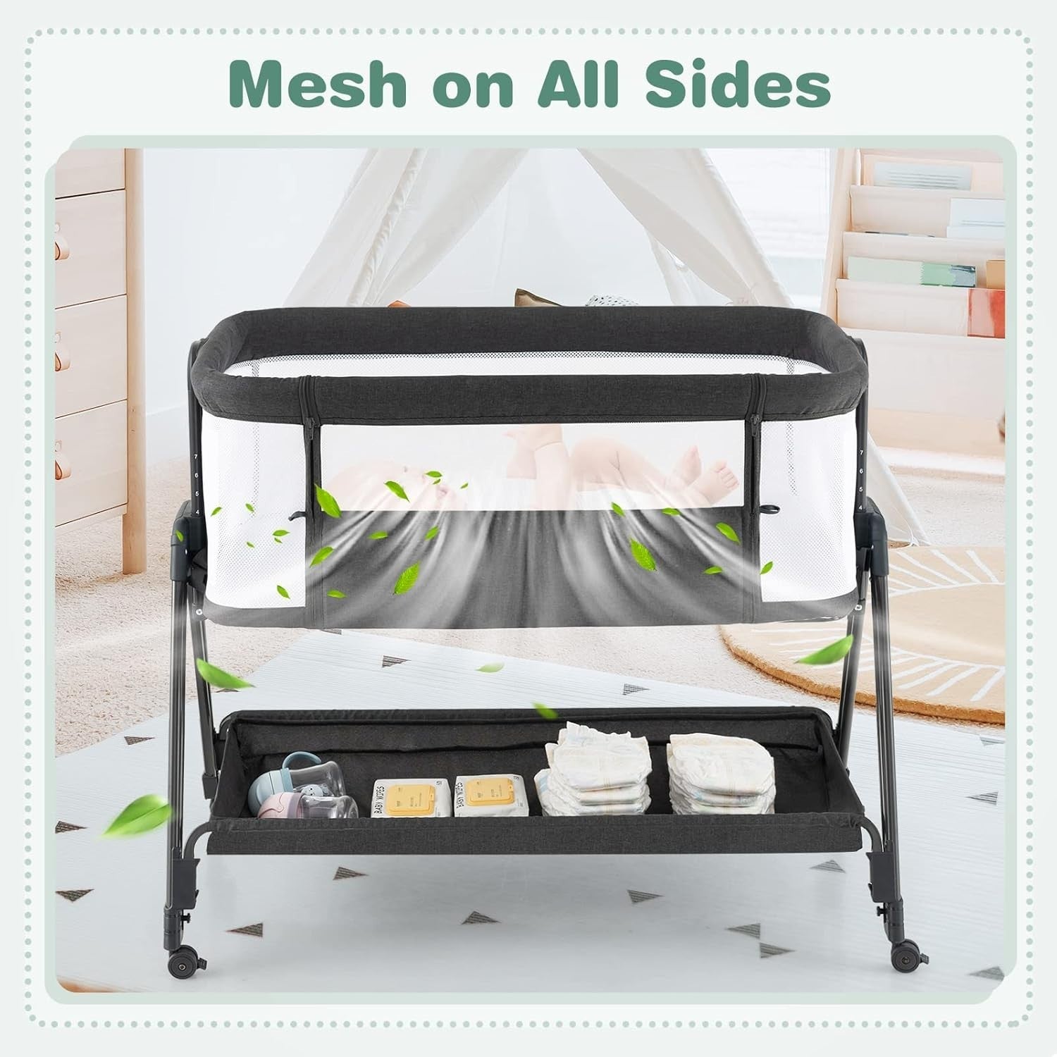 Baby Bedside Crib with Mattress, 7 Height Adjustable, Mesh Sides & Storage Shelf