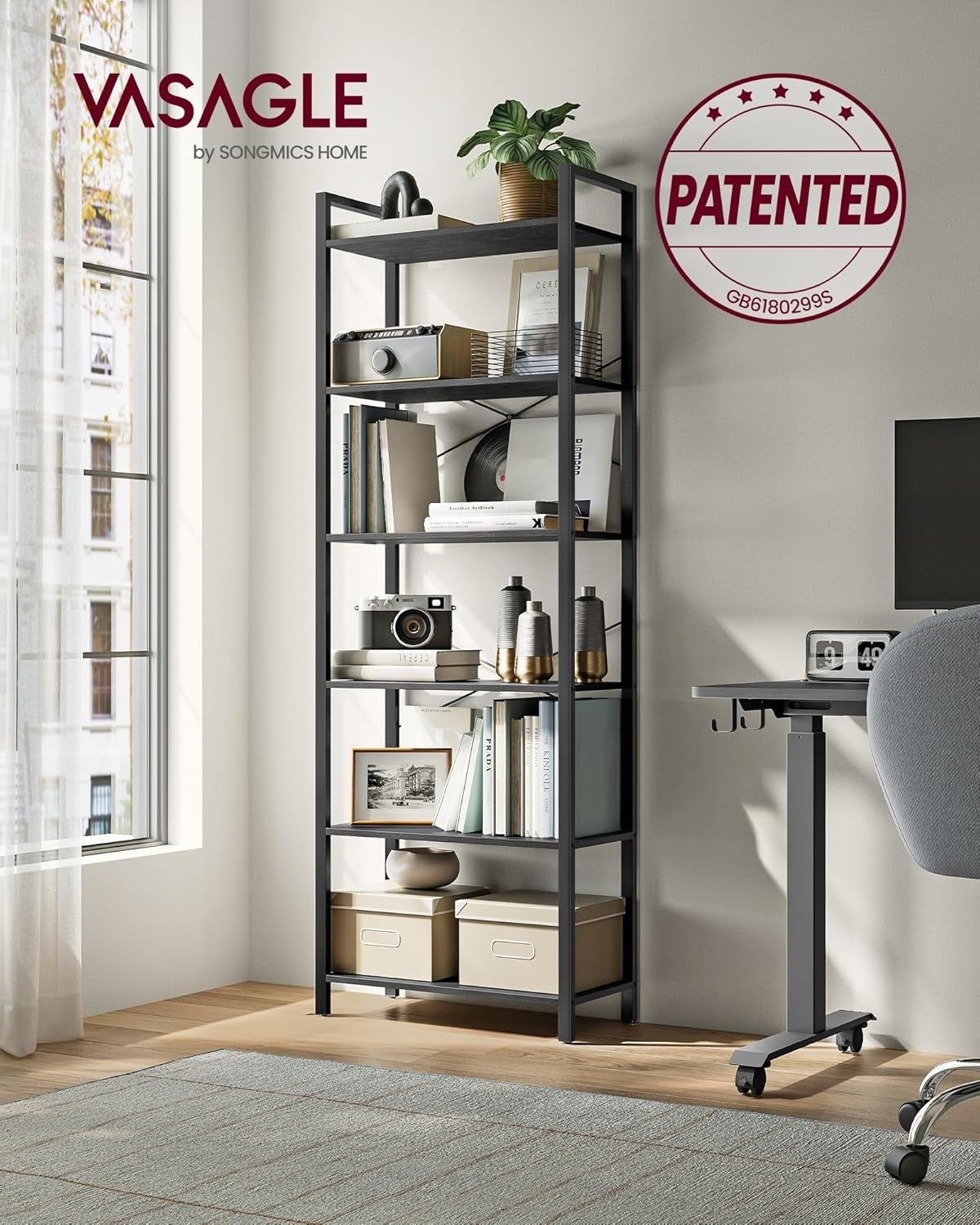 6-Tier Industrial Bookshelf 186cm Tall Wide Storage Unit Ebony Black