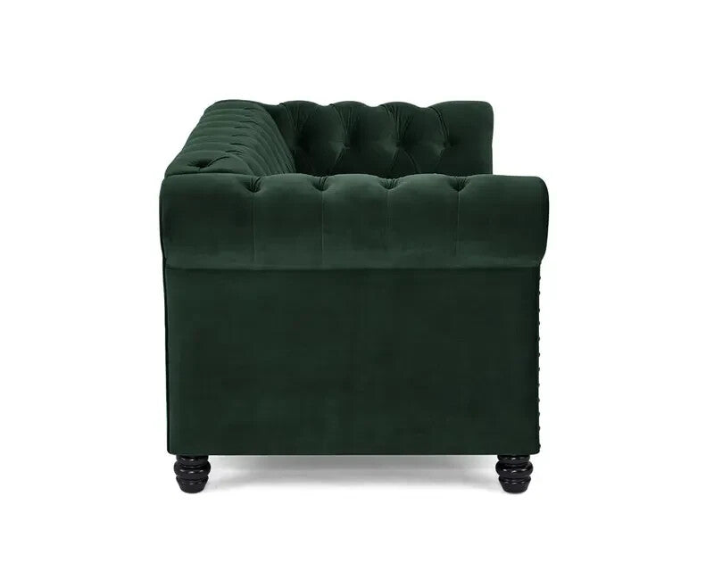 Green Velvet Chesterfield 2 Seater Sofa Tufted Scroll Arm UK Ready