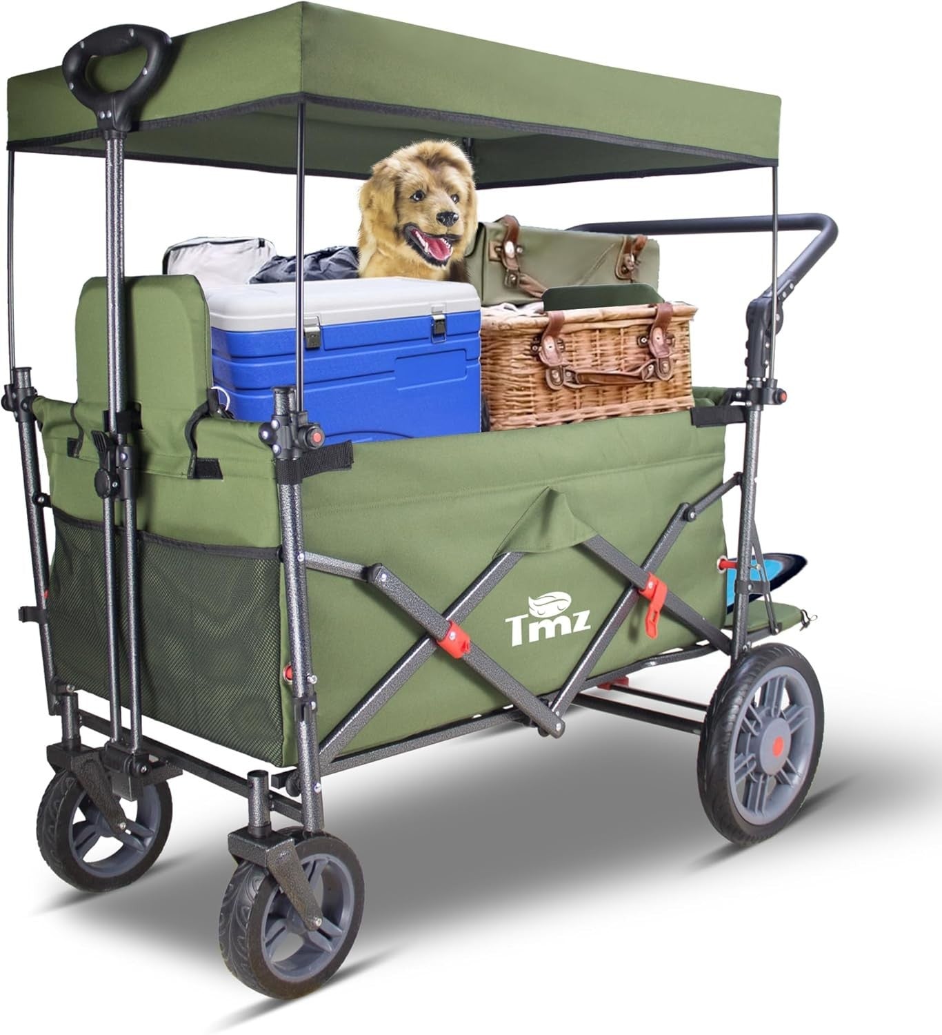 Folding Wagon w/ 2 Seats Canopy 120kg Load Garden Cart Brake Large Storage Green