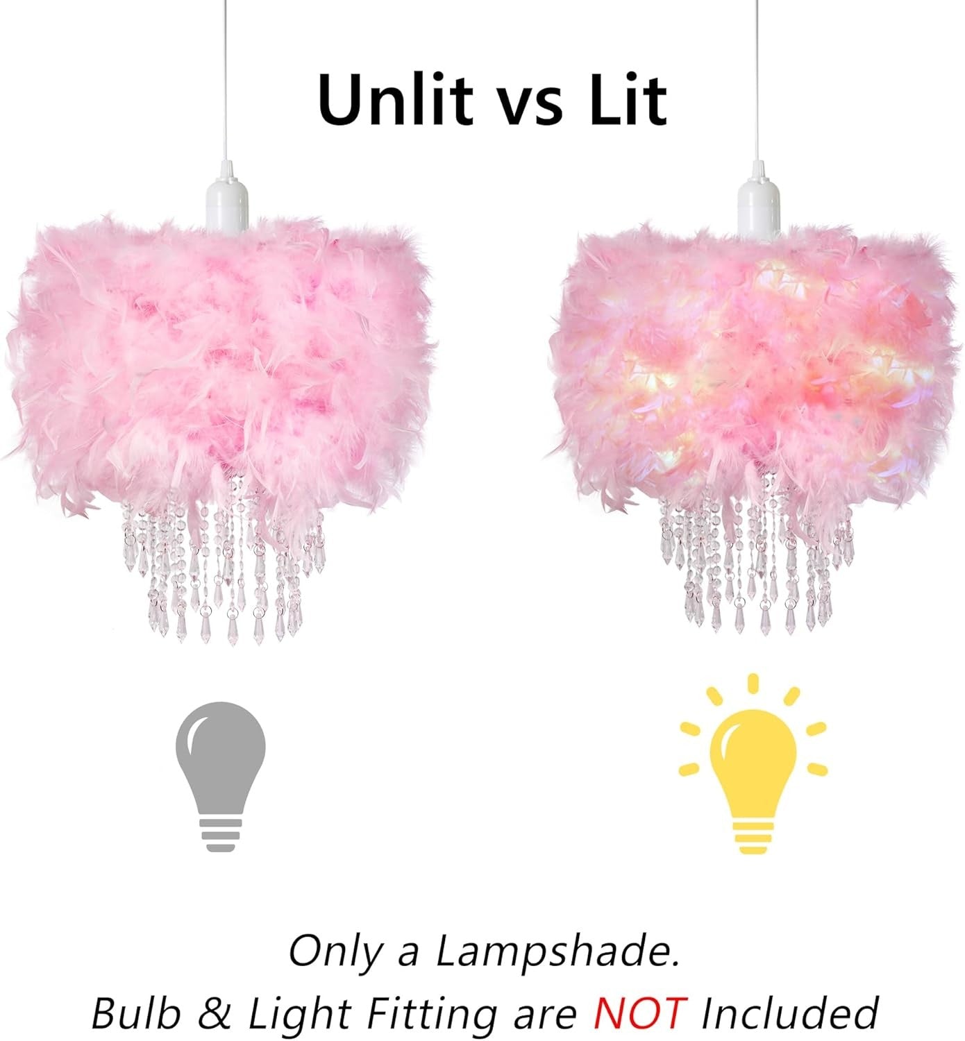 Pink Feather Lampshade Fluffy Drum Ceiling Pendant Shade Crystal Drops