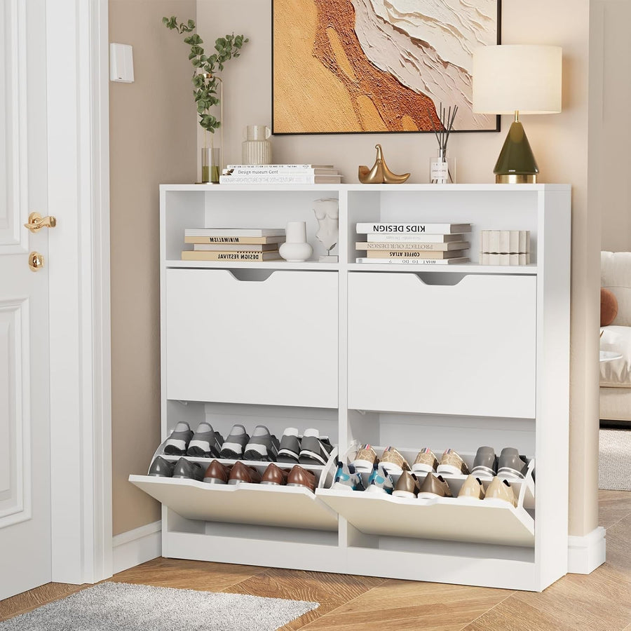 Modern White Shoe Storage Cabinet – 4 Flip Drawers, Adjustable Shelves