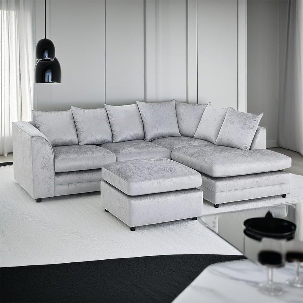 L Shaped 4 Seater Silver Crush Velvet Sofa with Footstool - Modern Corner