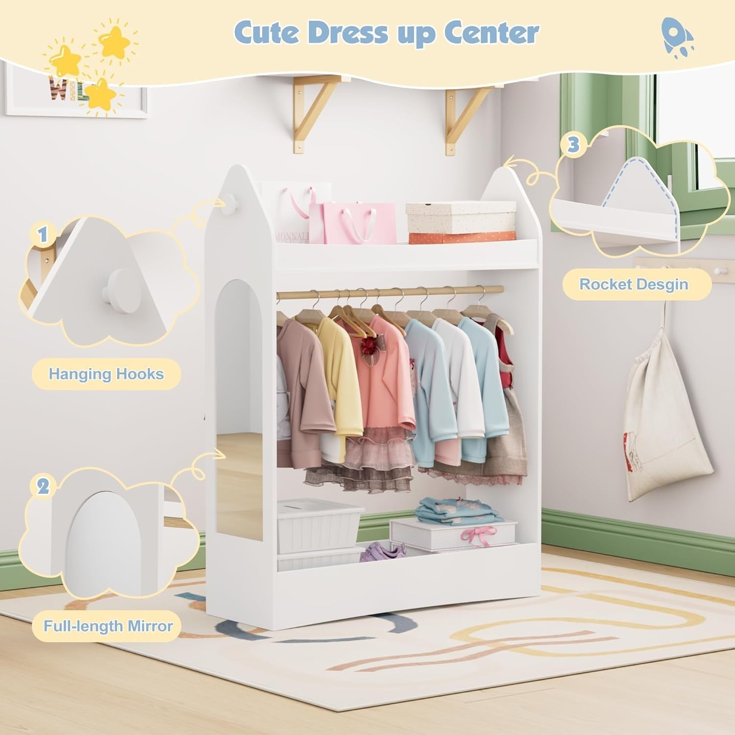 Kids Wardrobe with Mirror & Hanging Rail, No Drawer, White Rocket Design