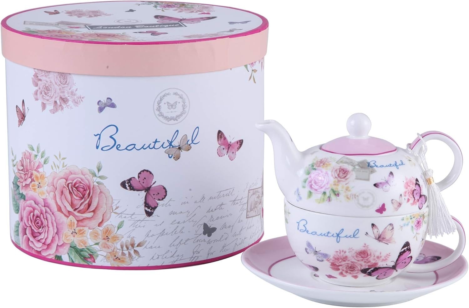 Tea for One Teapot Cup Saucer Set Butterfly Rose Porcelain Gift Box