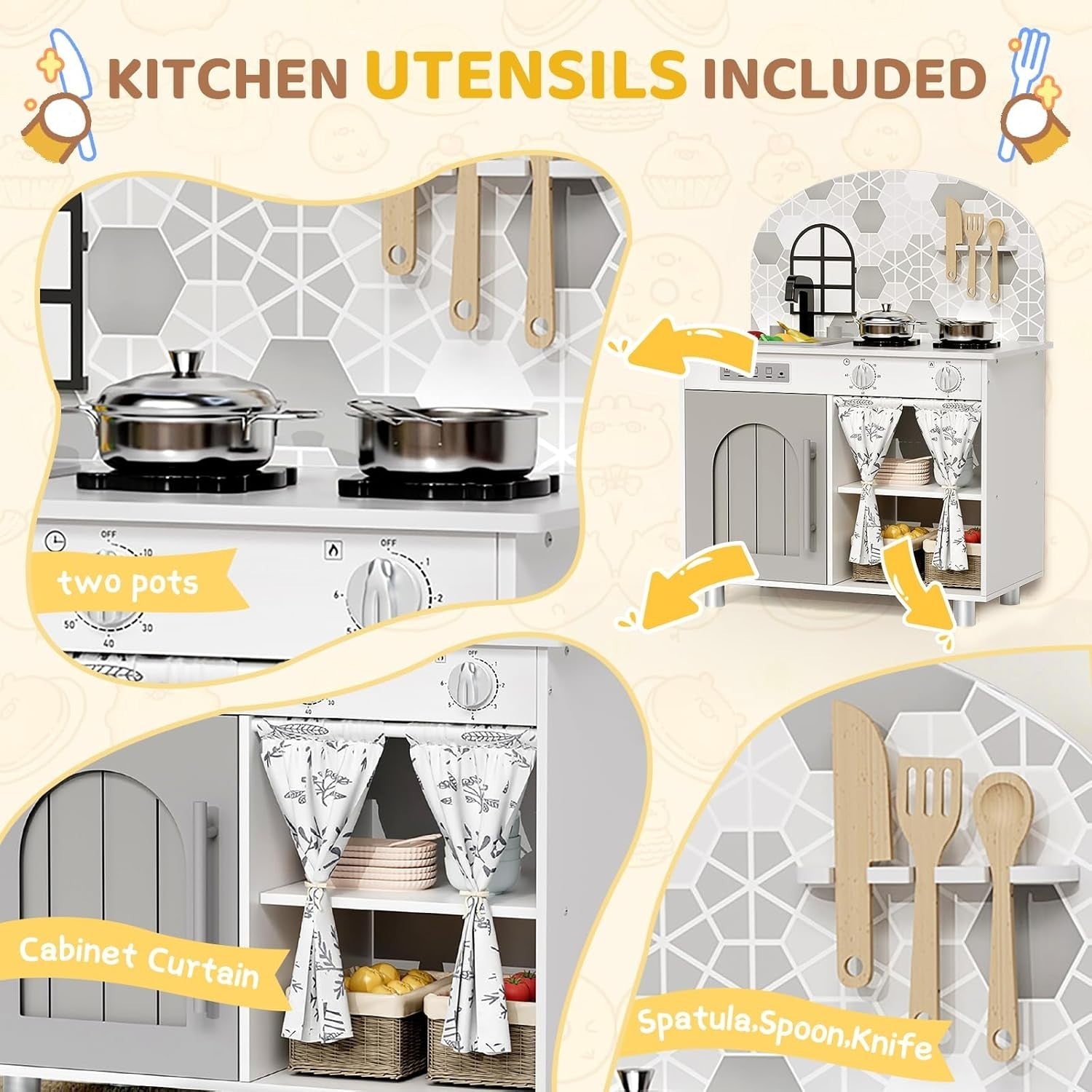 Kids Wooden Play Kitchen w/ Real Sound Stove White Toy Set