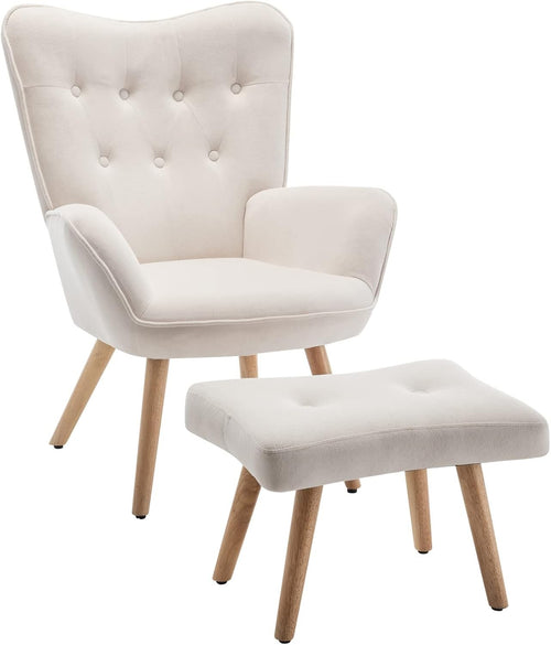 White Velvet Armchair with Footstool, Comfy Reading Lounge Chair Set