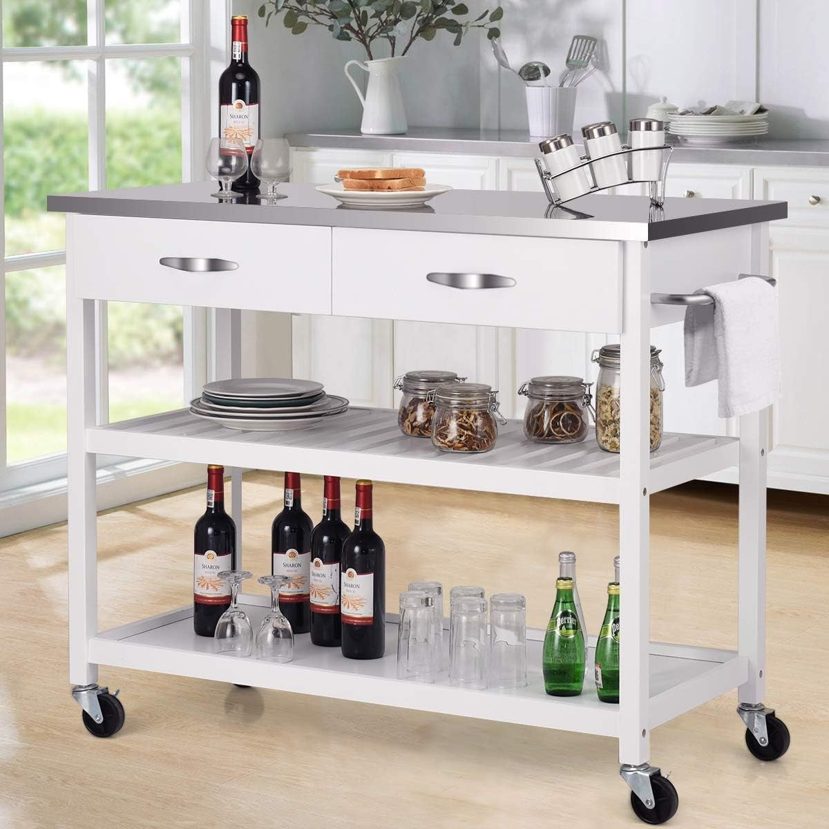 Kitchen Island Trolley on Wheels Stainless Steel Worktop Storage Cart