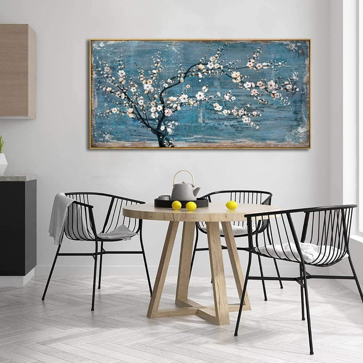 Teal Plum Blossom Abstract Canvas Wall Art – Large Framed 24x48in