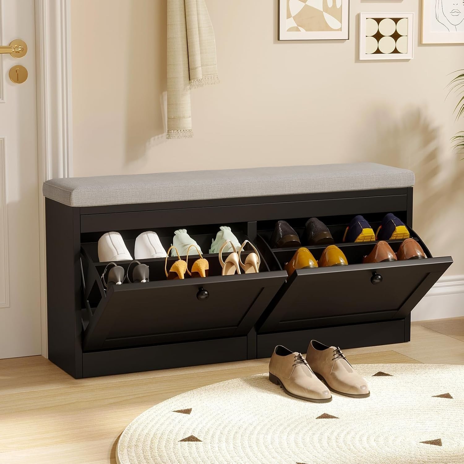 Black Flip Drawer Shoe Storage Bench with Padded Seat & Adjustable Shelves