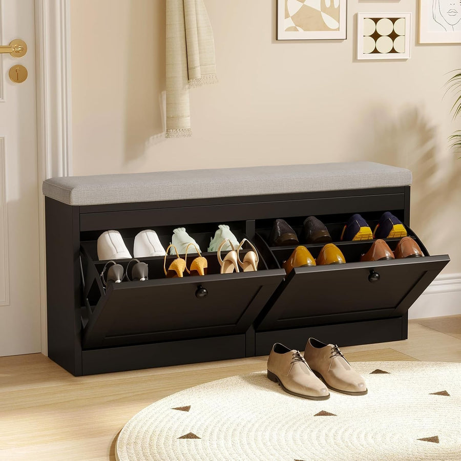 Black Flip Drawer Shoe Storage Bench with Padded Seat & Adjustable Shelves
