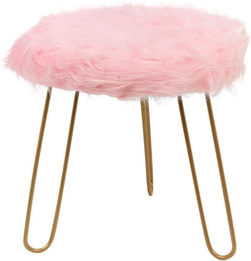 Pink Faux Fur Vanity Stool Round Gold Hairpin Legs Modern Accent Seat