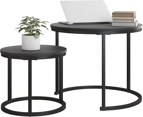 Small Round Nesting Coffee Table Set of 2, Durable Metal Frame & Easy Assembly