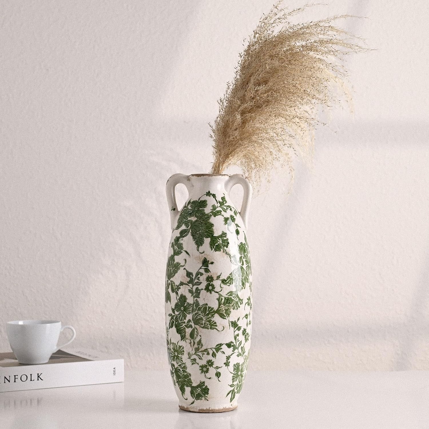 Tall Green White Ceramic Floor Vase for Pampas Grass Farmhouse Decor 13.8"