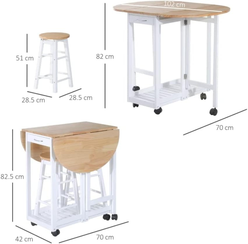 Small Folding Kitchen Dining Set 3pc Drop Leaf Table with Stools Wheels