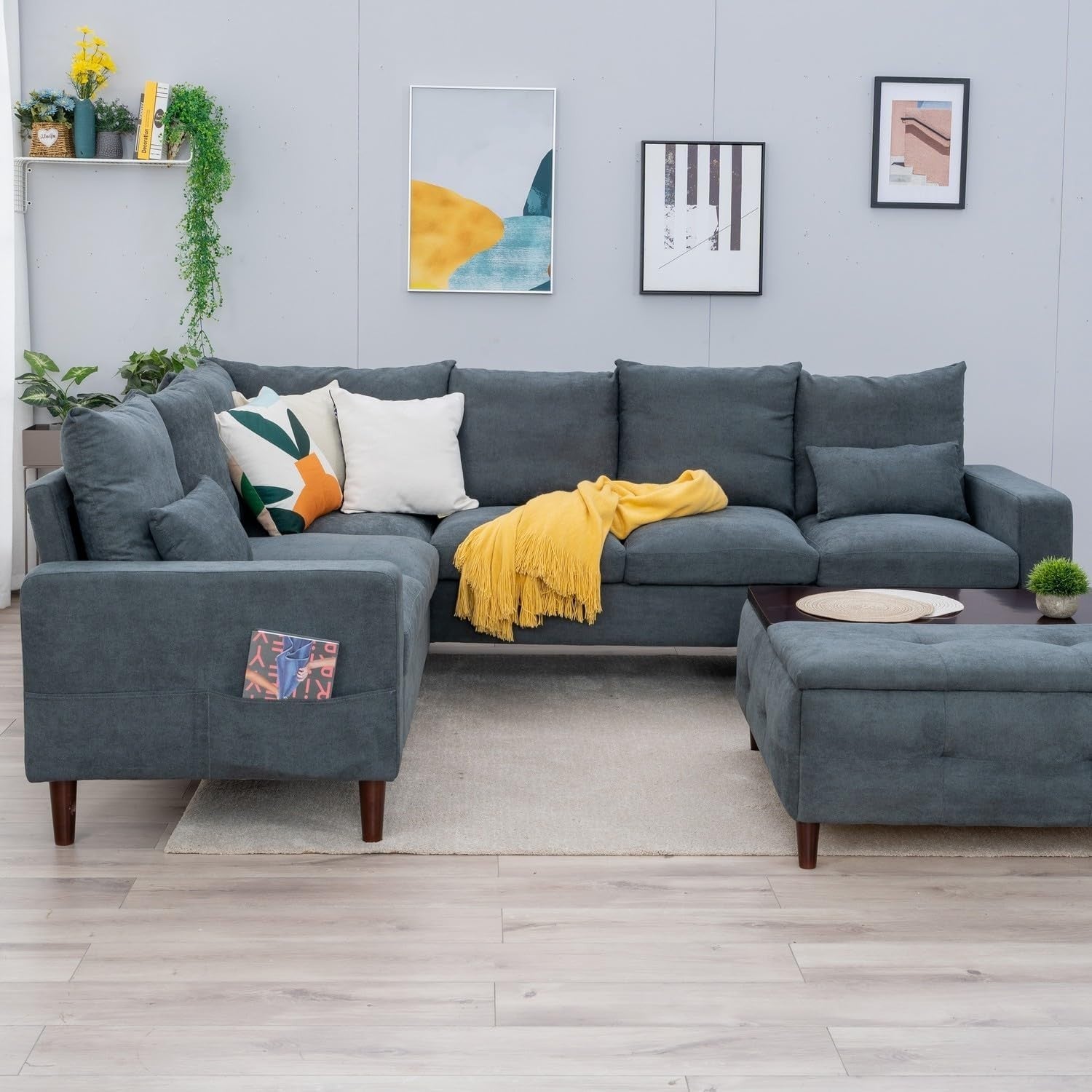 6 Seater L Shape Corner Sofa Set Grey Linen Fabric Modern Family Couch