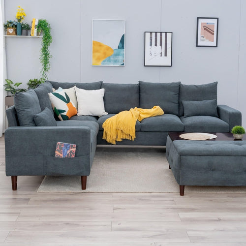 6 Seater L Shape Corner Sofa Set Grey Linen Fabric Modern Family Couch