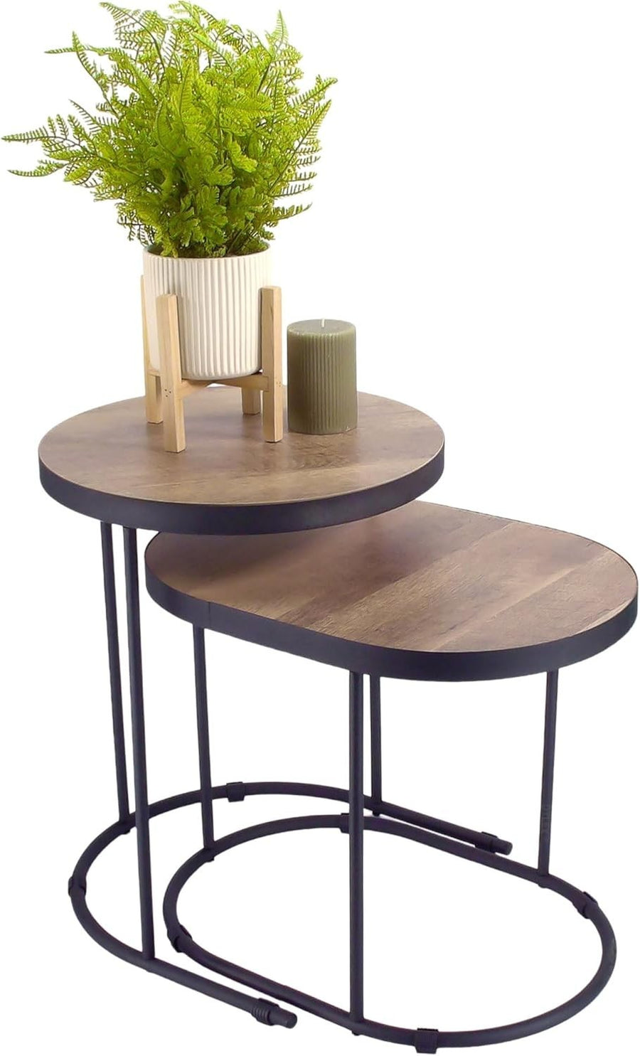 Space Saving Nesting Side Tables Set of 2, Metal Wood Coffee End Table Black