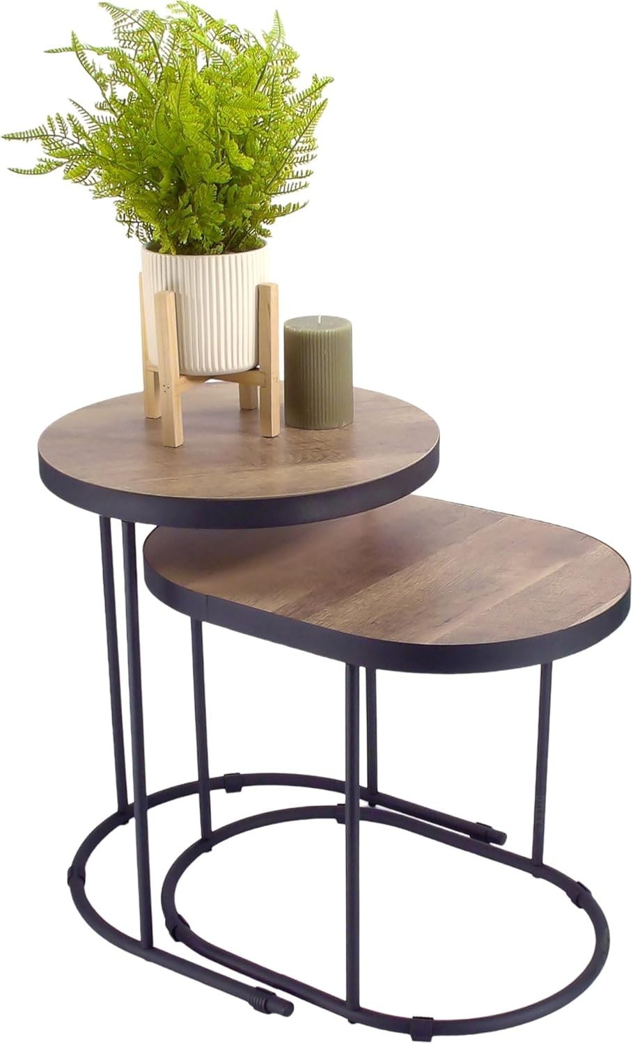 Space Saving Nesting Side Tables Set of 2, Metal Wood Coffee End Table Black