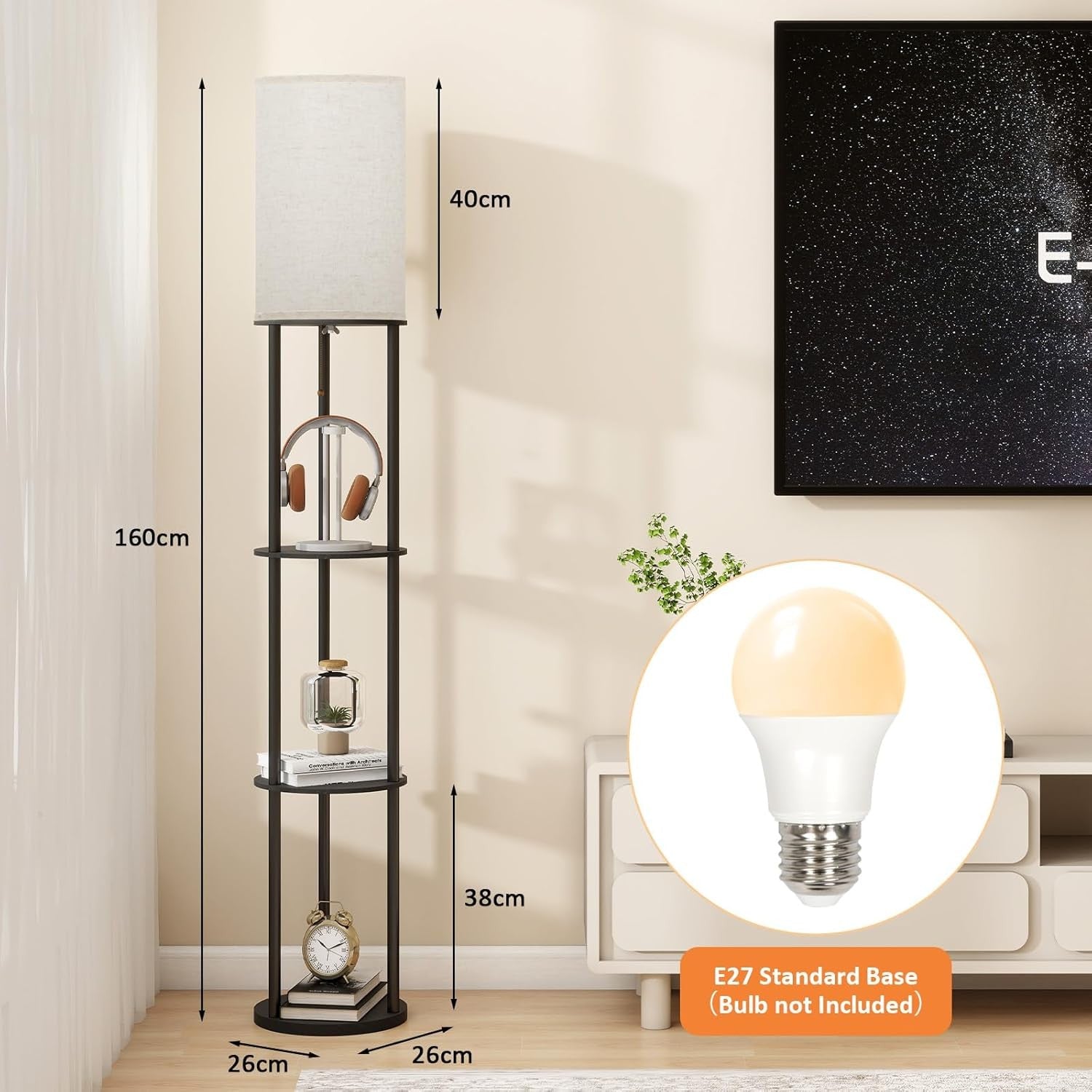Floor Lamp with Shelves Tall Standing Light E27 Storage Display Lamp Black