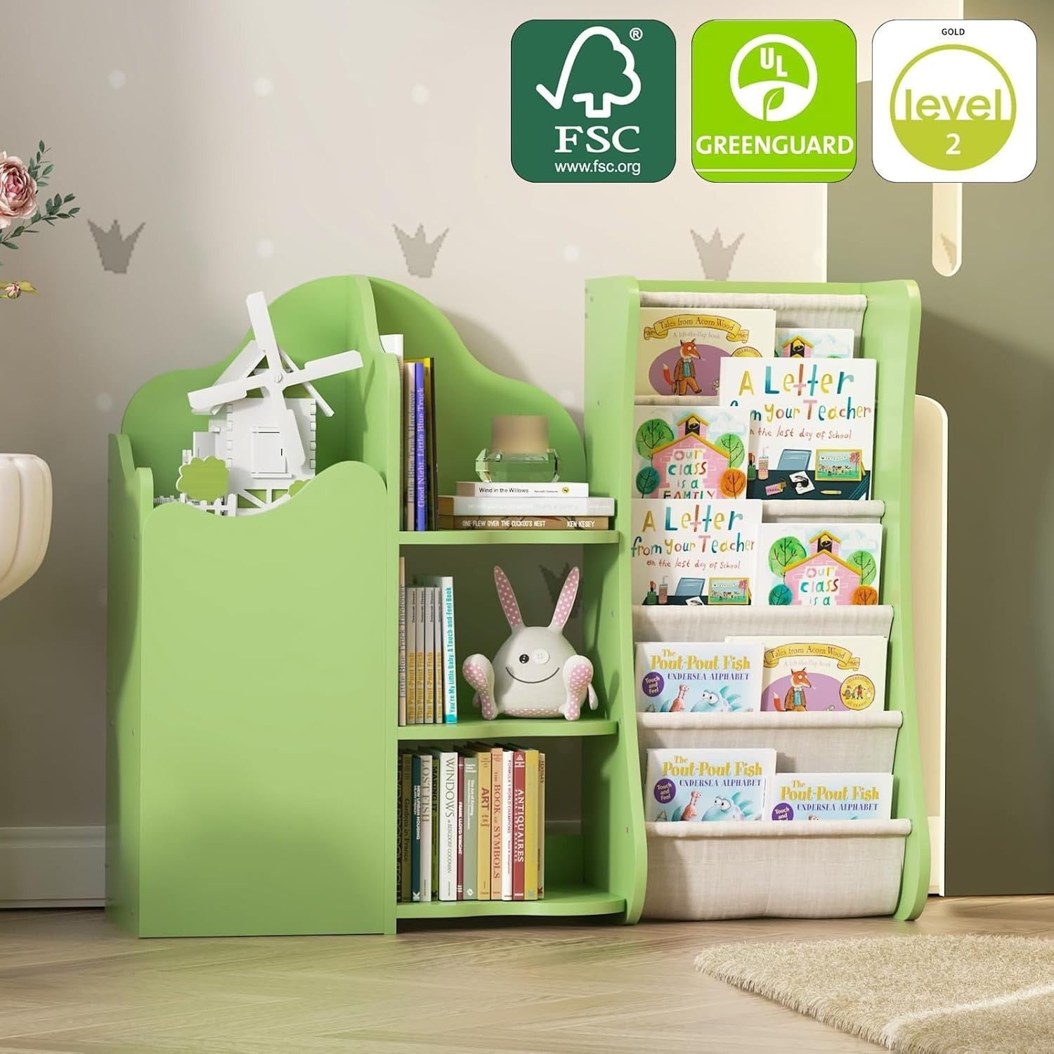 Kids Wooden Bookshelf & Toy Storage Organizer with 5 Sling Pockets & Doors