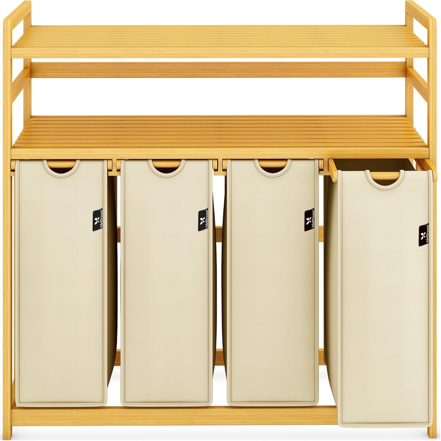 200L 4-Section Laundry Sorter Bamboo Frame Beige With Shelf Removable Bags