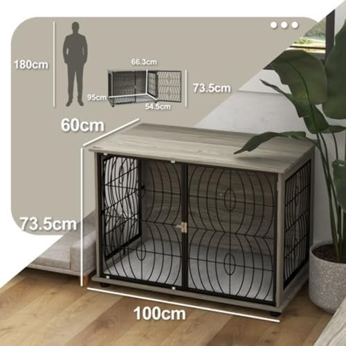 Indoor Dog Crate Furniture with Cushion, Lockable Door & Table Top, Grey