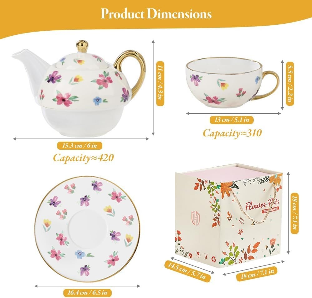 Tea for One Set Floral Teapot Cup Saucer Gold Trim Porcelain Gift Set