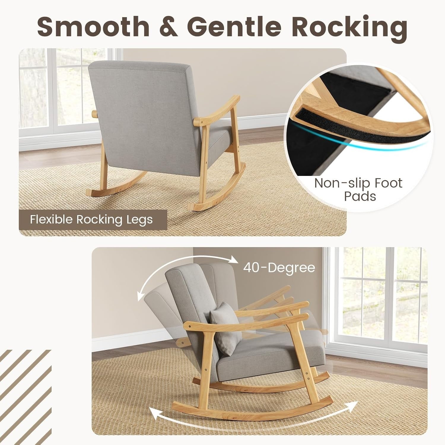 Modern Rocking Chair Wooden Frame Linen Seat, Comfy Lounge Armchair 88x65x82cm
