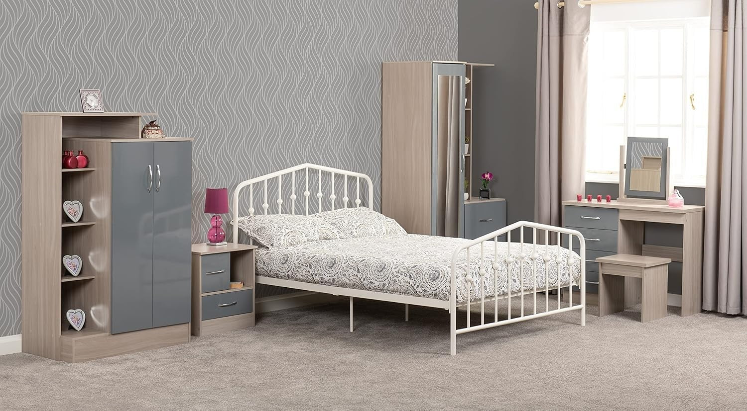 Grey Gloss Wardrobe with Open Shelves 2 Door Storage Cabinet Bedroom Unit