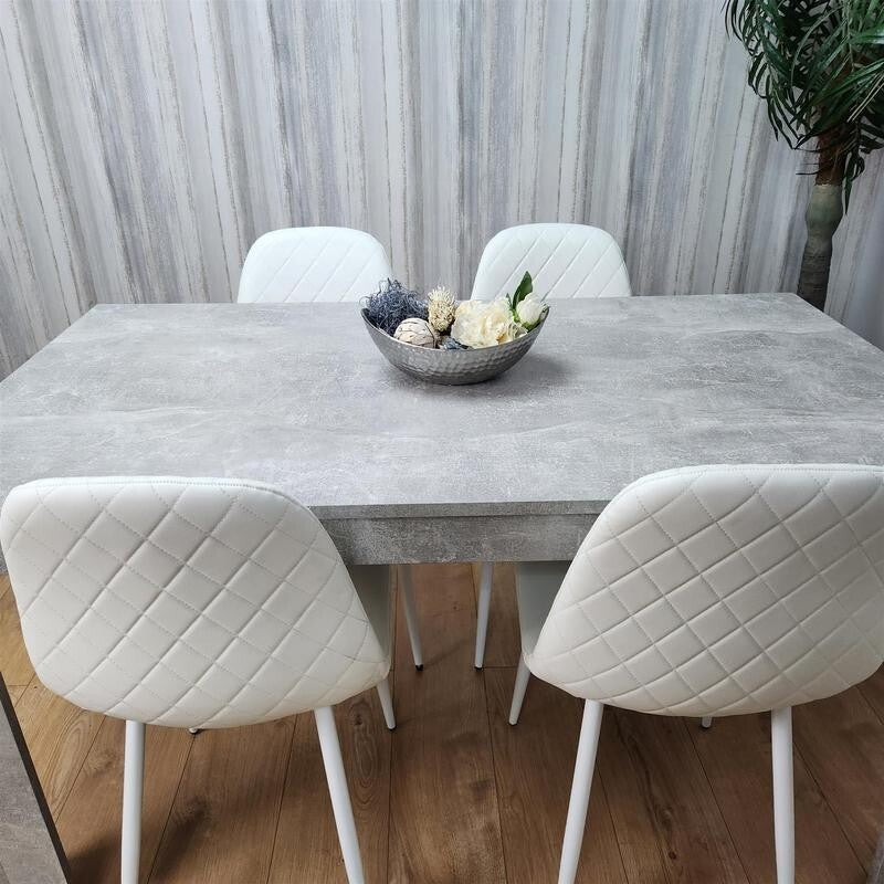 Modern Grey Dining Table Set 4 White Faux Leather Chairs for Kitchen Room