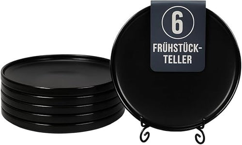 6pc Black Ceramic Breakfast Plates 22cm Matte Glaze Microwave Dishwasher Safe
