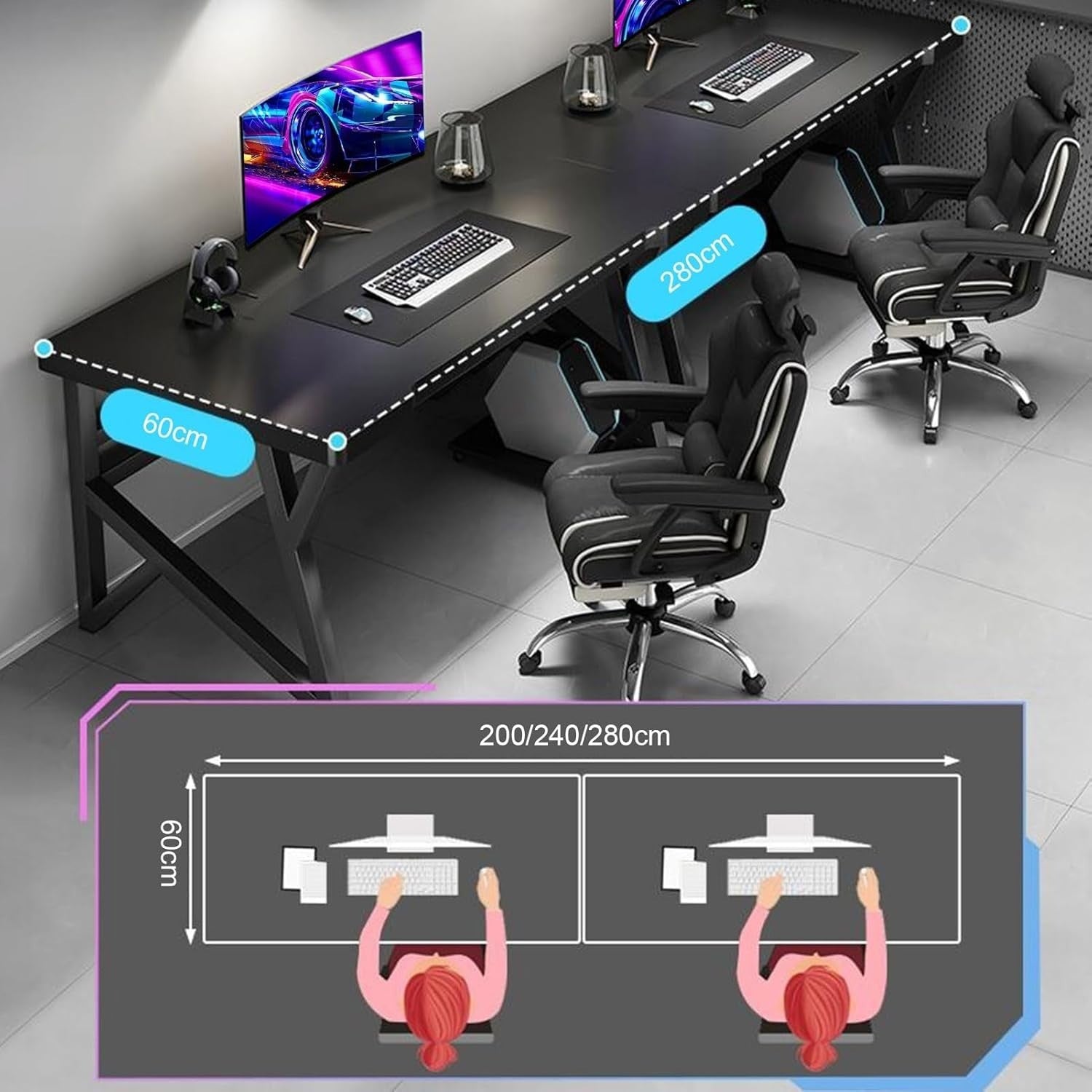 Gaming Desk 140cm Metal Frame Ergonomic Computer Table for Home Office