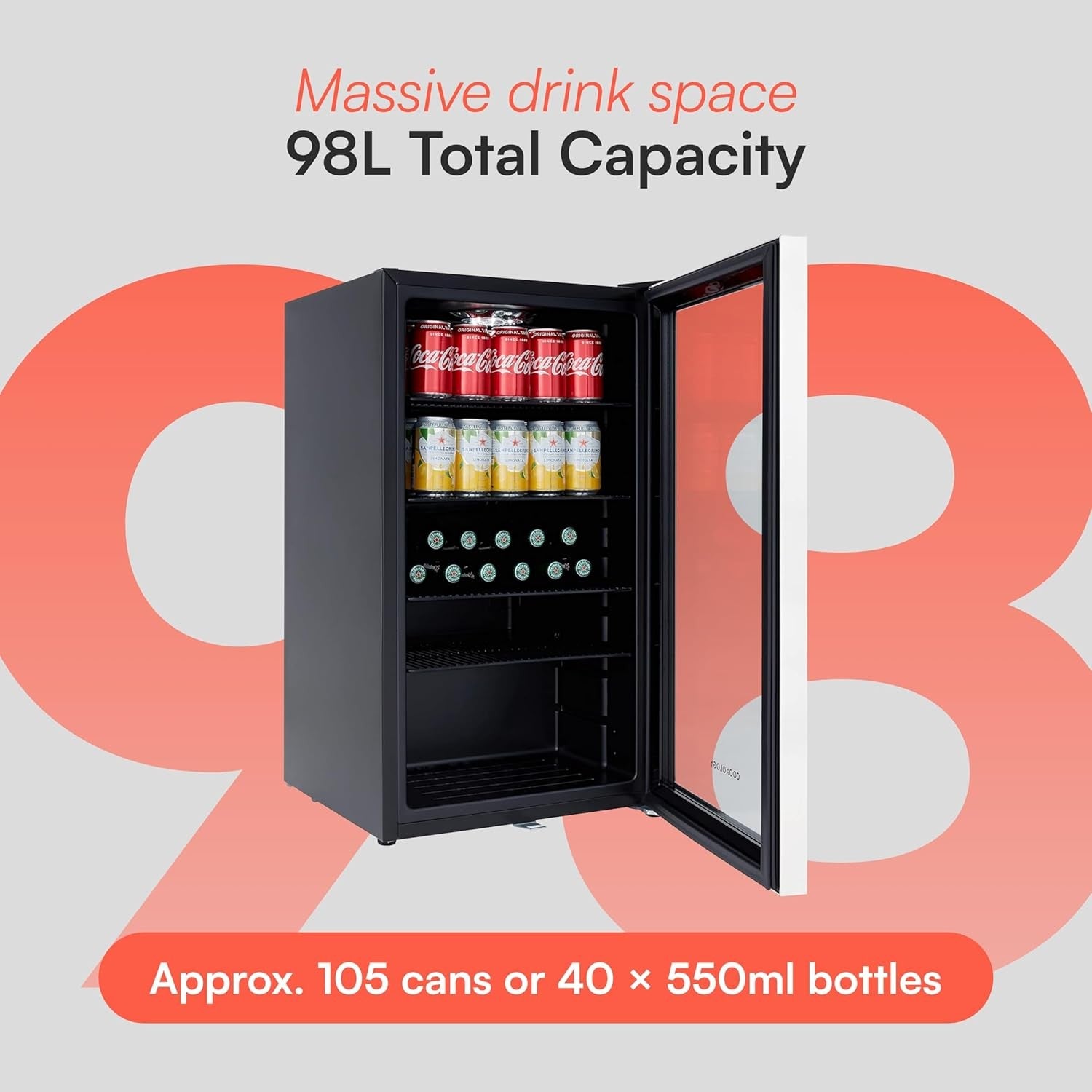 Under Counter Drinks Fridge 98L Glass Door Beer Wine Cooler LED Display