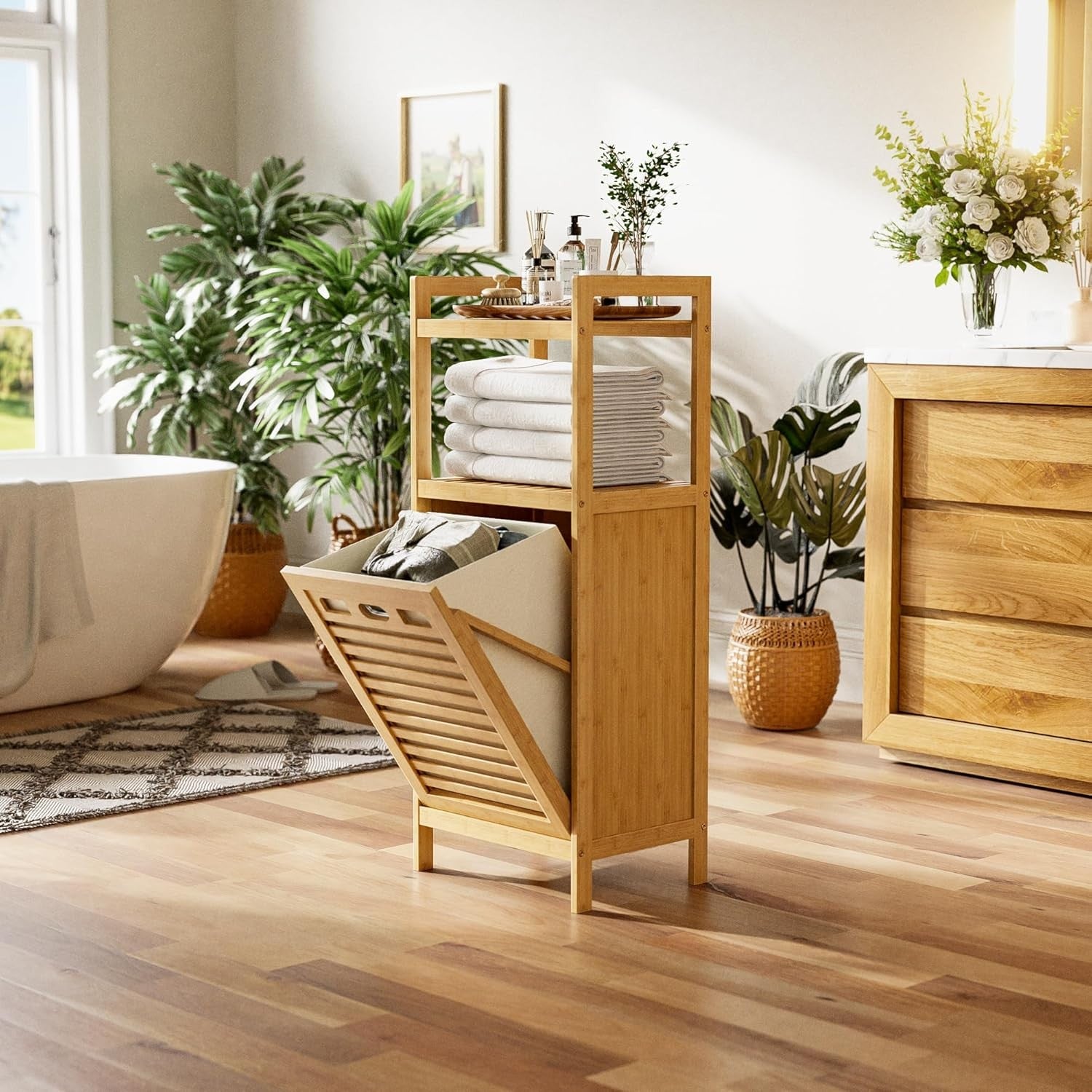 Bamboo Tilt-Out Laundry Hamper with Shelves, Foldable Bag, 30x40x100cm Organizer