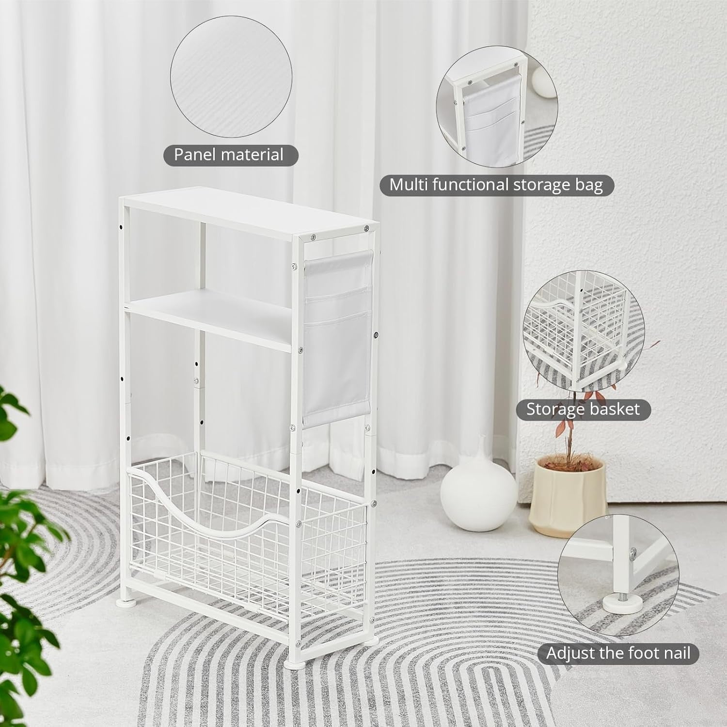 White 3-Tier Narrow Side Table 30x30x50 cm | Slim End Table w/ Storage