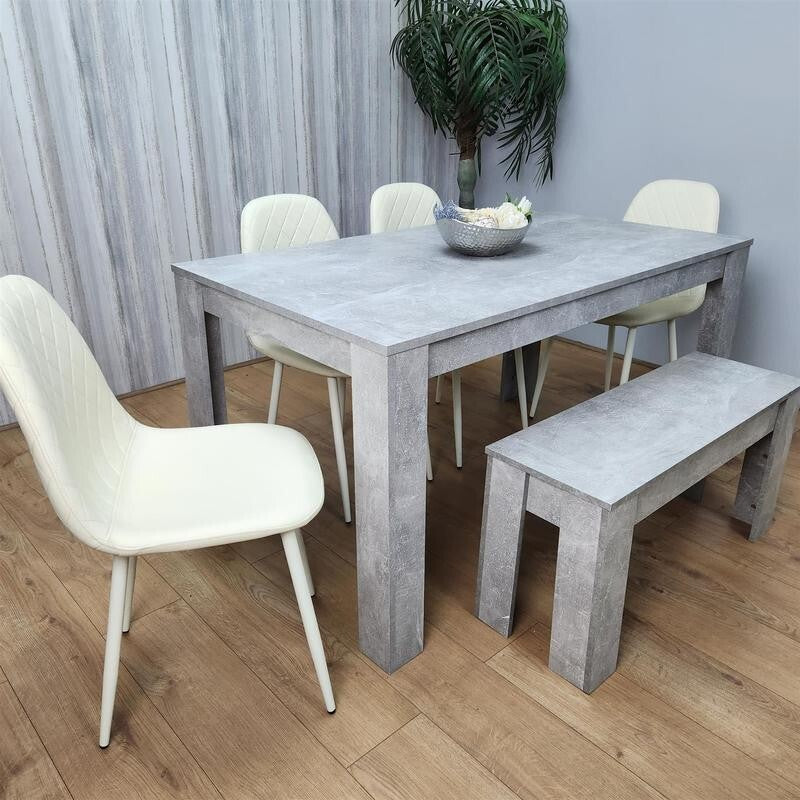 6 Seater Grey Dining Table Set with Cream Leather Chairs & Bench Oak Look