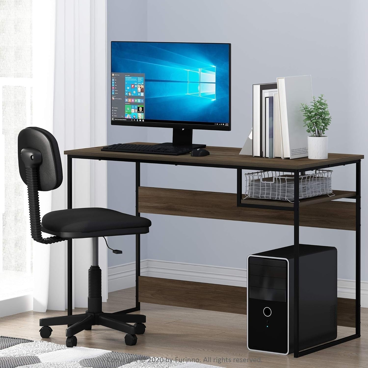 Modern Walnut Study Desk with Storage Shelf, 114x51x75cm Home Office Table