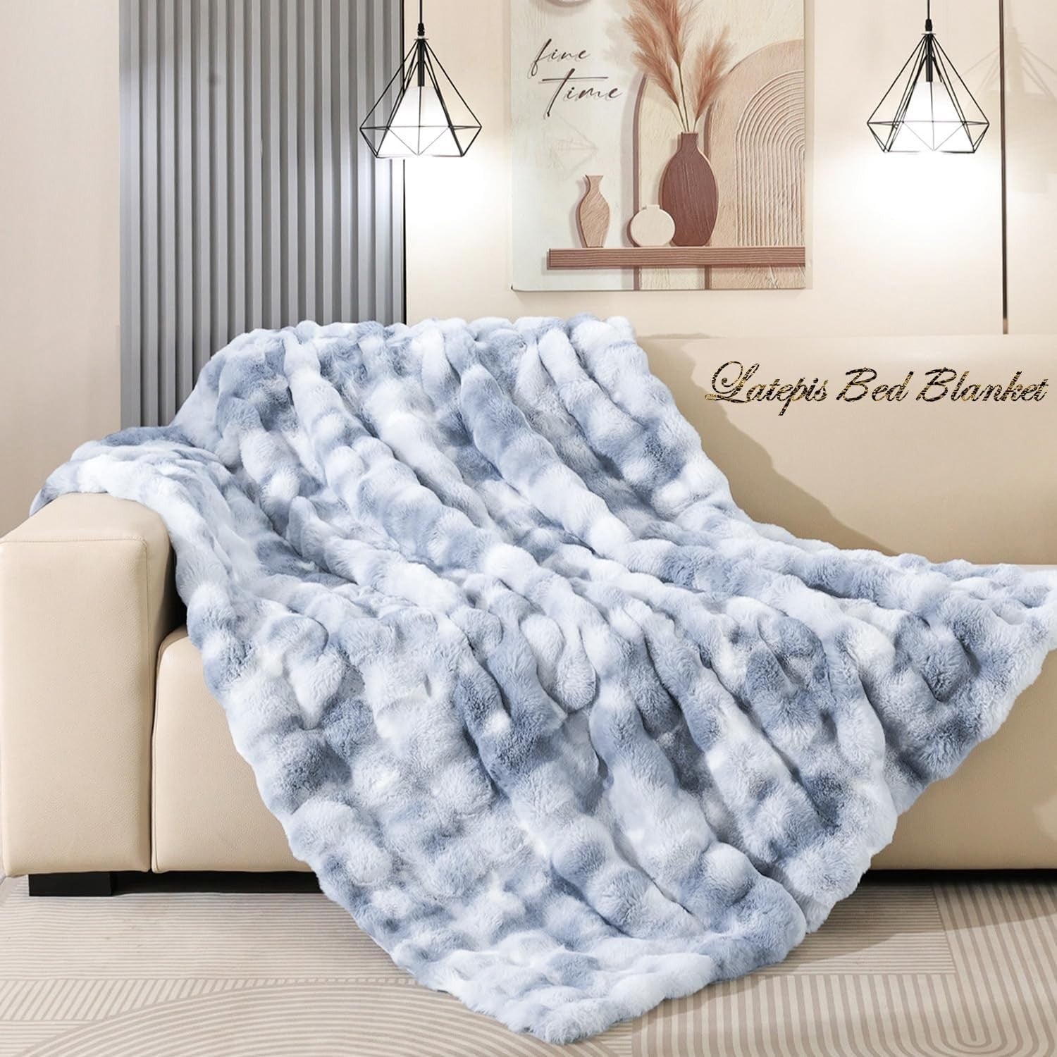 Tie Dye Blue Faux Fur Bubble Throw Blanket Soft Warm Plush Sofa 50x60in